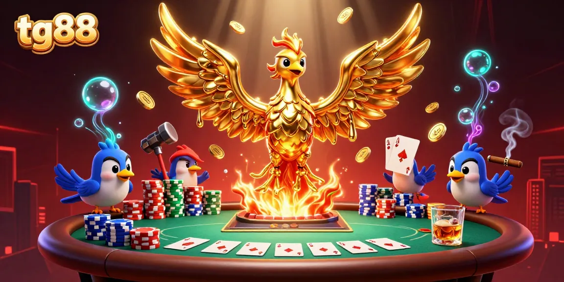 Tg88 players experience captivating wins with a molten phoenix and poker grandeur in this stunning casino illustration.