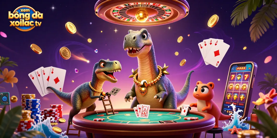 Xem bóng đá xoilac tv illustrated with a whimsical dinosaur dealer at a poker table, vibrant casino elements.