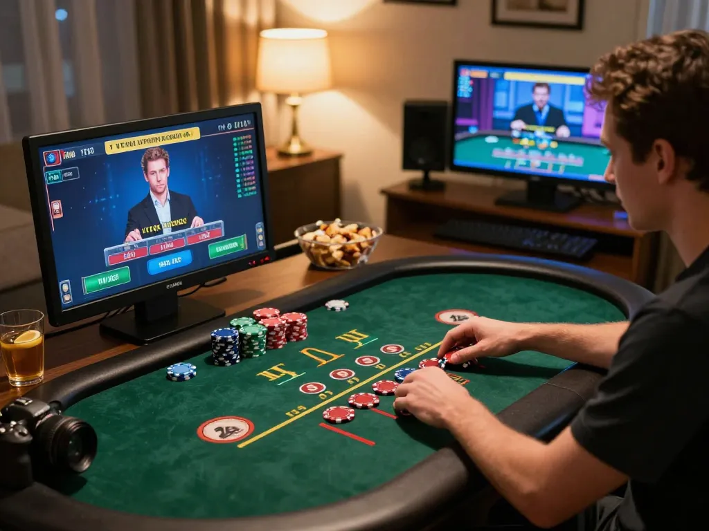 Engaging online blackjack gameplay at home setting, showcasing LODE88 as an exciting gaming experience