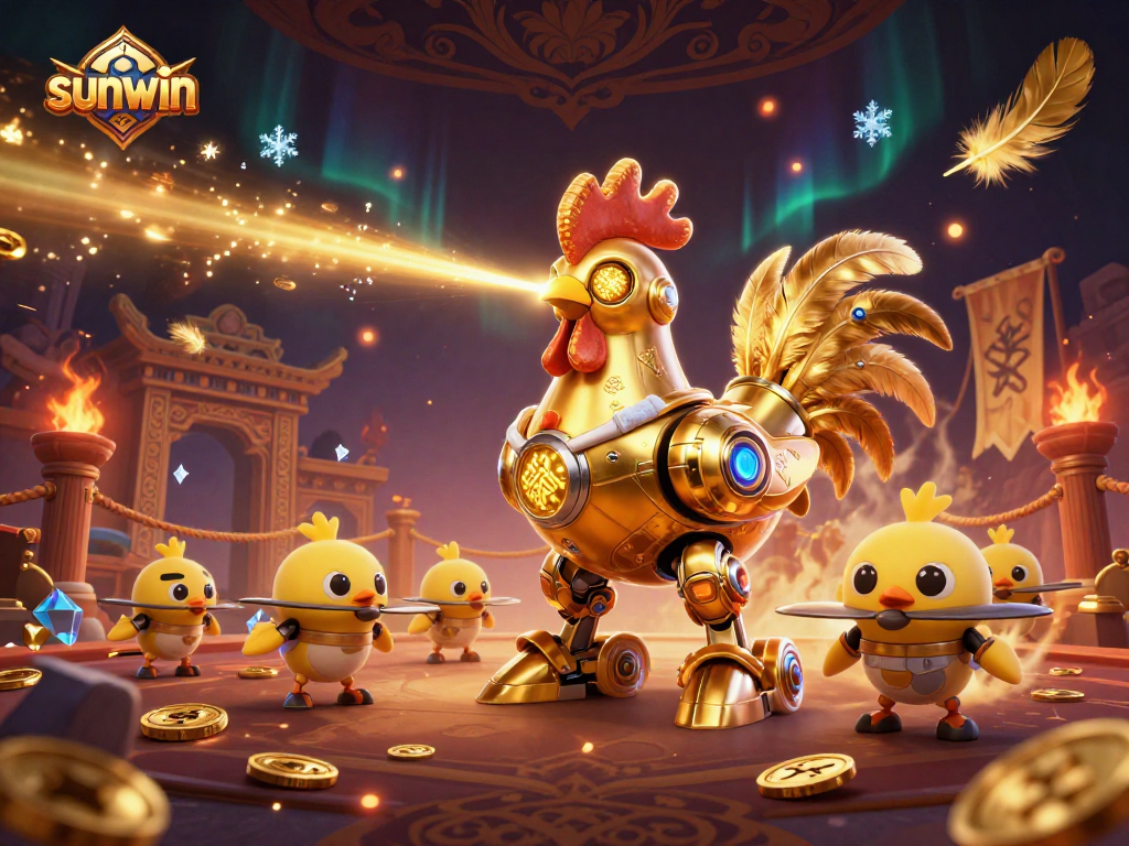 Experience sunwin's vibrant gaming atmosphere with a golden rooster robot in action.