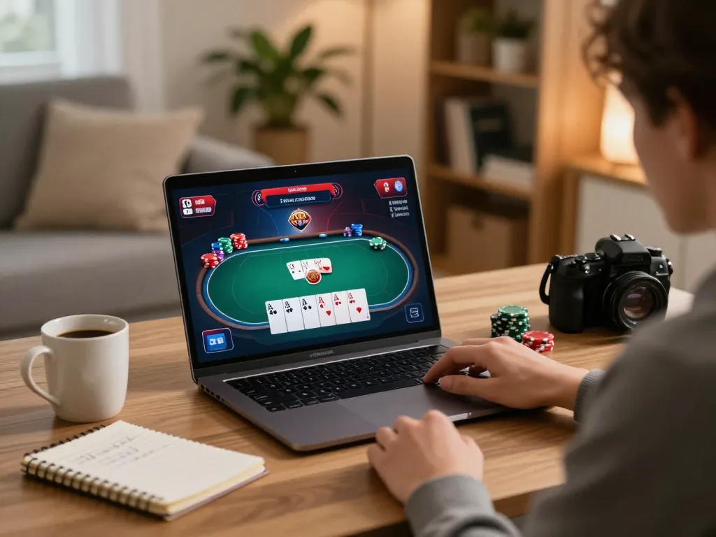 Người chơi đang lập chiến lược trong một không gian chơi game ấm cúng tại câu lạc bộ 789, với giao diện trò chơi poker hiển thị.