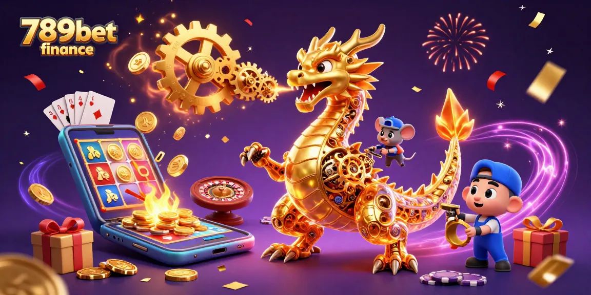Engage with the dynamic energy of 789bet finance through a fiery golden dragon and casino game elements.