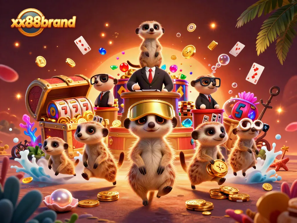 Experience thrilling gameplay with xx88brand's colorful casino scene featuring meerkats in action.