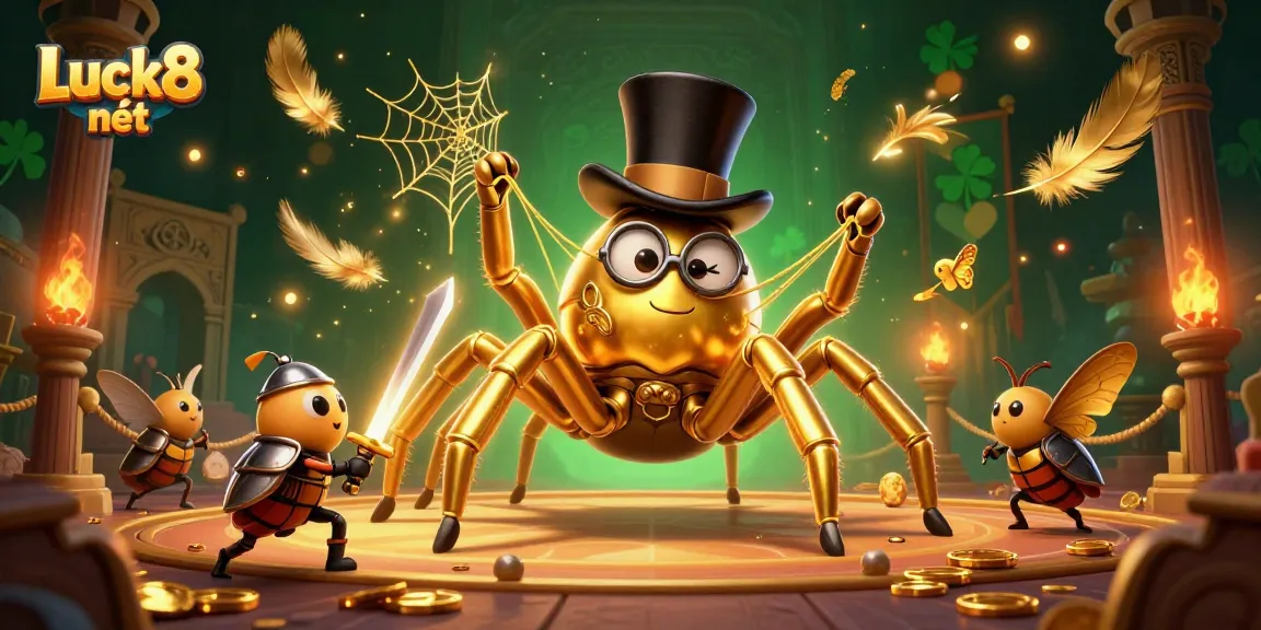 Experience the Luck8 nét adventure with golden characters and immersive casino elements in this vibrant illustration.