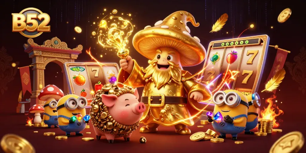 Spin and win with B52's dynamic casino scene featuring a wizard and treasure elements.