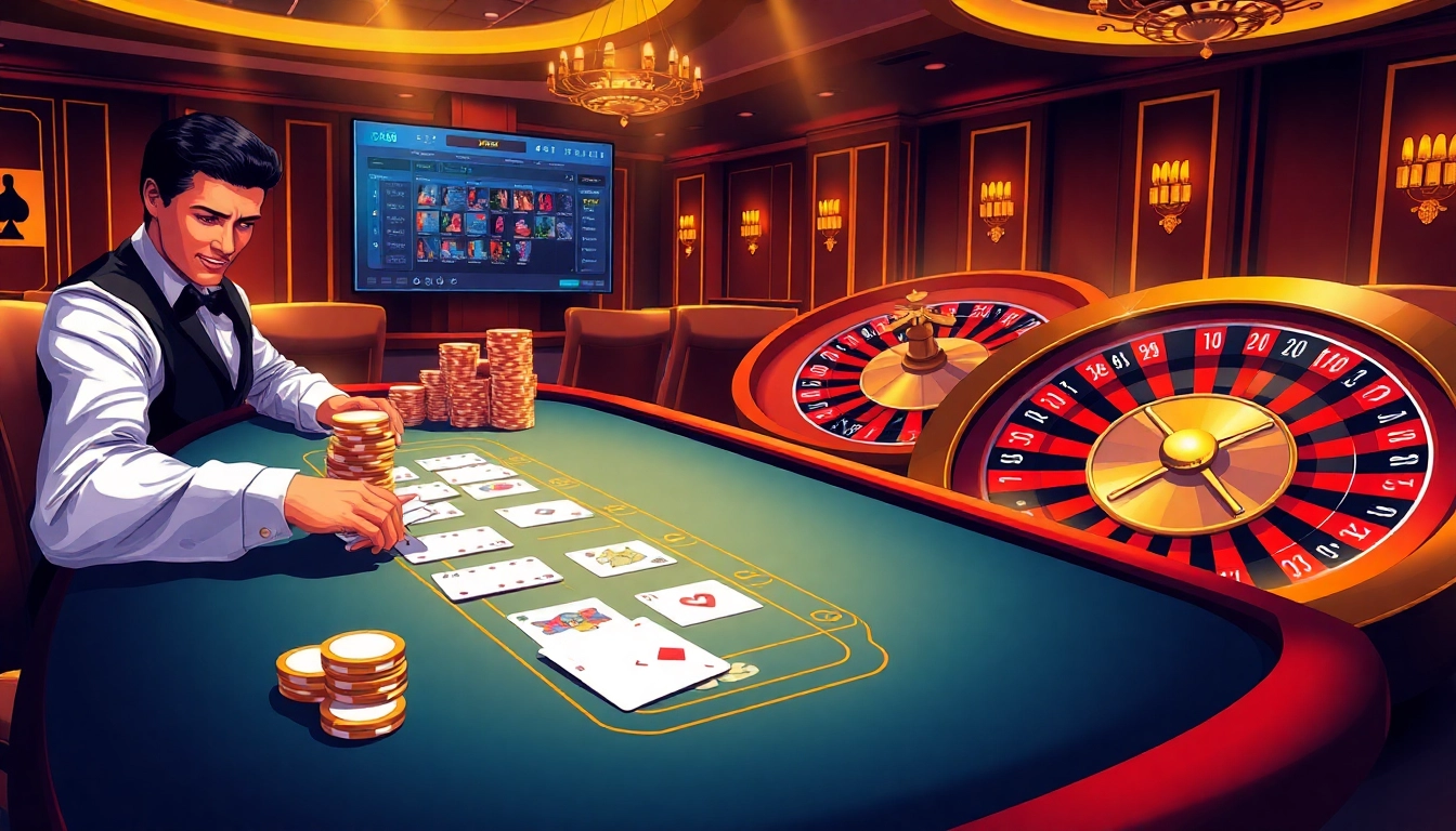 C168 casino scene showcasing an elegant blackjack table with rich poker chips and an active roulette wheel.