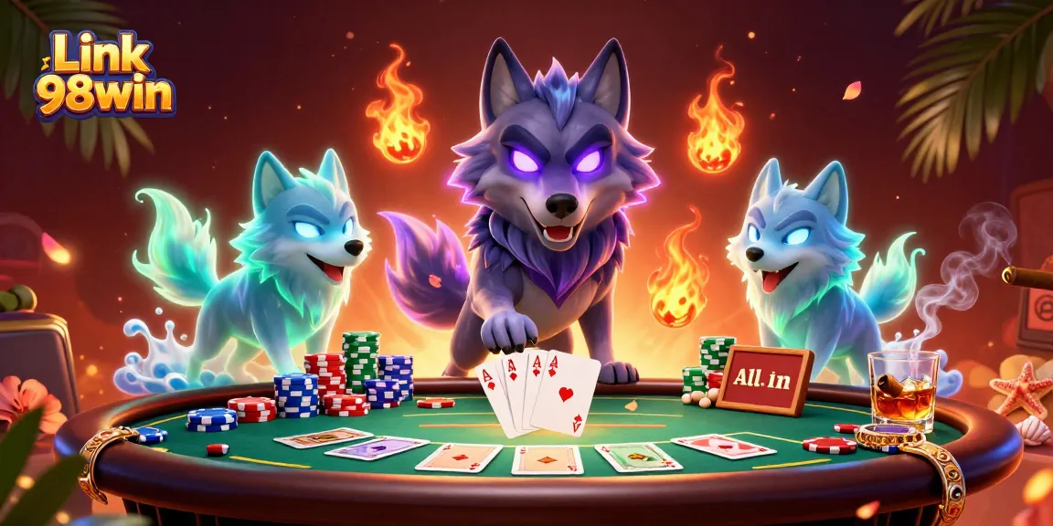 Experience the thrilling action at Link 98win with glowing wolf characters and dynamic poker elements.