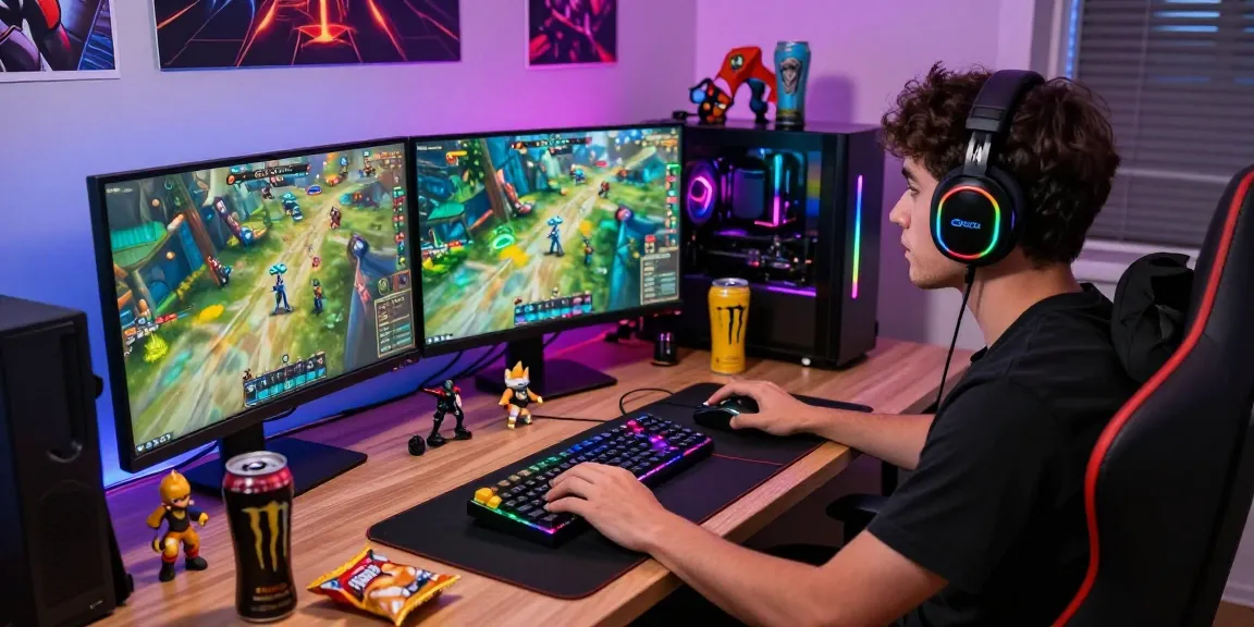 Gamer immersed in high-energy gameplay on hm88, surrounded by gaming gear and vibrant atmosphere.