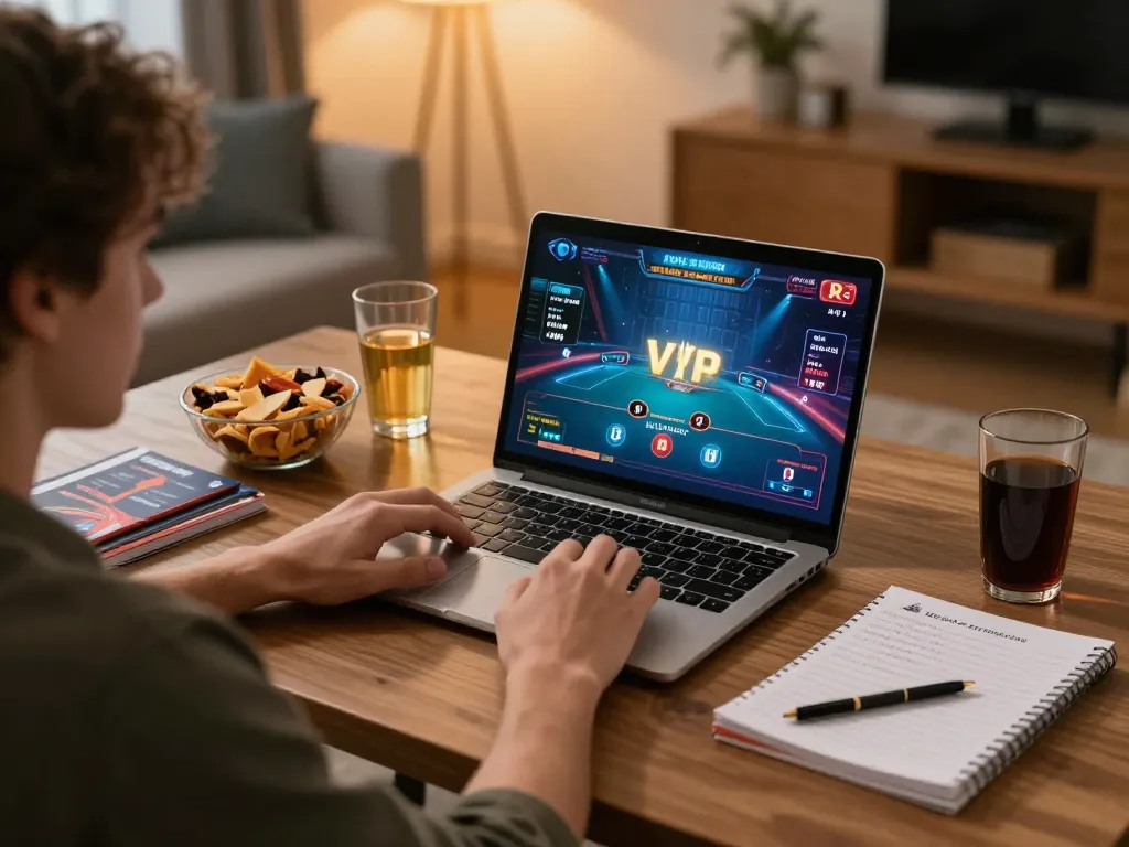 Engaging online poker session on laptop while using one88h app, cozy home setup.