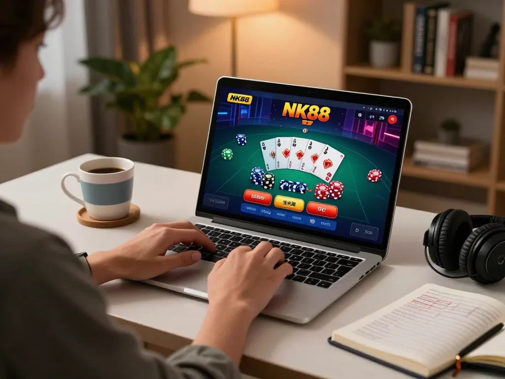 Engaging gameplay on NK88's online platform with a player enjoying blackjack at their stylish home setup