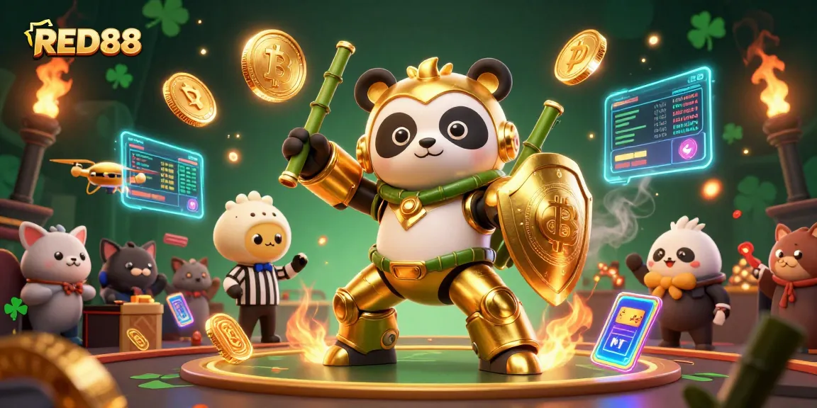 Experience excitement at RED88 with a golden panda piloting a bamboo fighting robot in a neon-lit casino