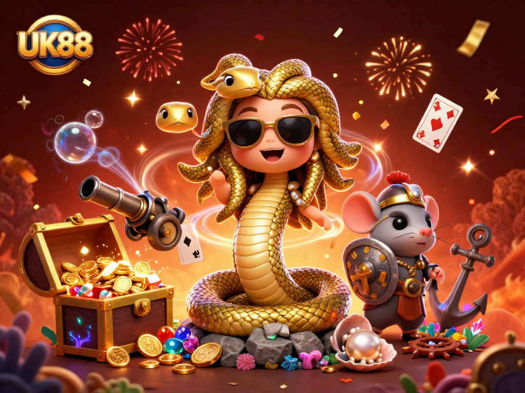 Experience thrilling adventures with UK88's vibrant casino world featuring exciting characters and treasure.