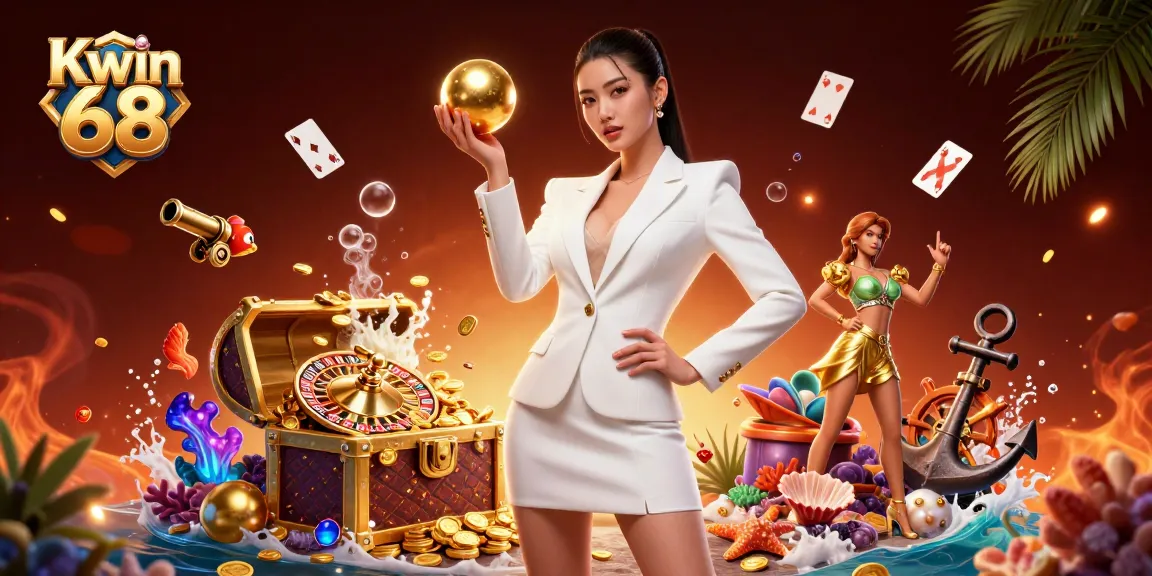Kwin 68 captures thrilling casino excitement with a stunning Asian woman holding a golden roulette ball, surrounded by rich casino elements.