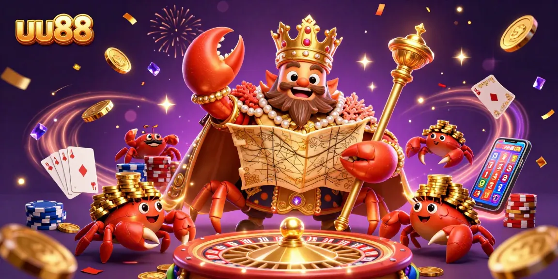 Experience the excitement at uu88 with a vibrant casino scene featuring a golden crab emperor and dynamic game elements.