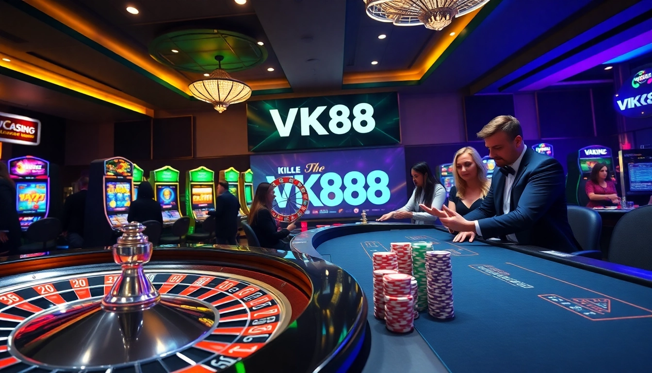 Engage with VK88's thrilling casino experience at a vibrant gaming table featuring poker chips and a roulette wheel.