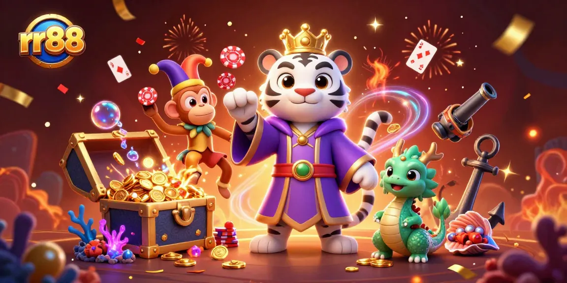 Experience rr88's thrilling games with the vibrant tiger and jester monkey in this stunning digital illustration.