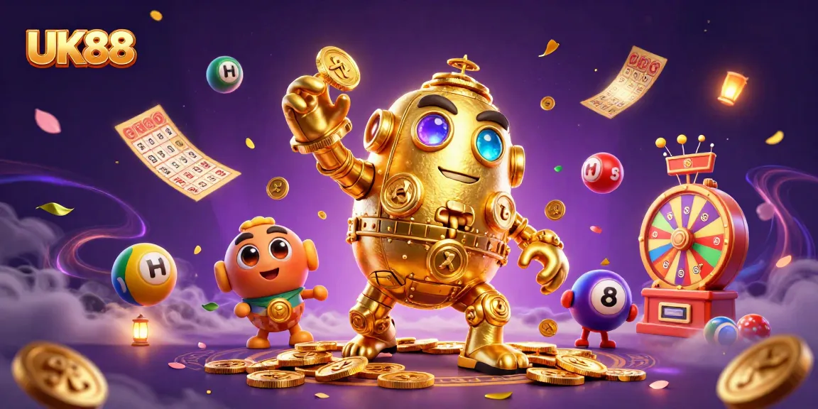 Engage in thrilling gameplay at UK88 with rich visuals of slot machines and lottery excitement.