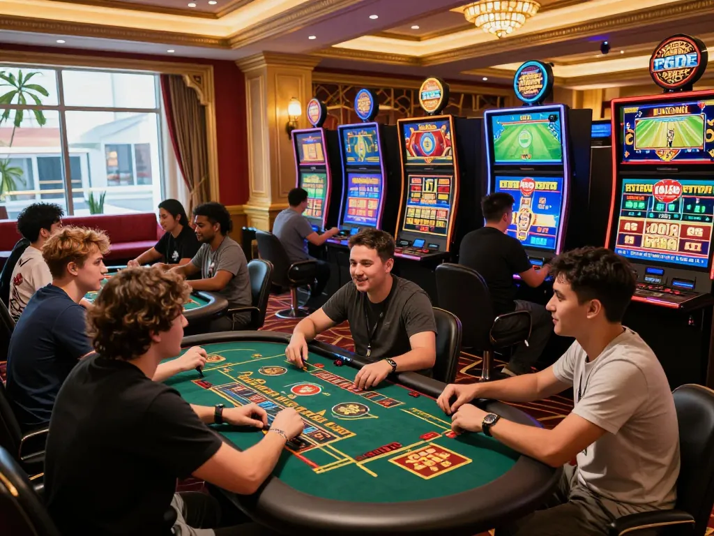 Engaging 789 P online gaming scene with players at casino tables and displays, showcasing vibrant atmosphere and exciting gameplay.