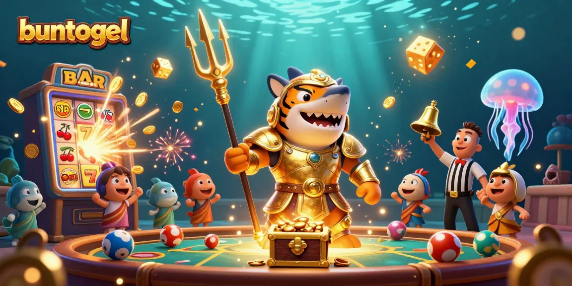 Buntogel jackpot wins with a dynamic underwater scene featuring a tiger shark and 3D slots bursting with treasure.