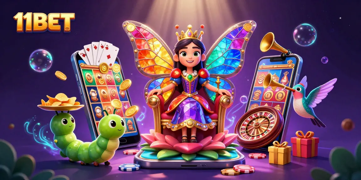 Wager excitingly on 11BET with vibrant games, chips, and a lively queen in a magical setting.