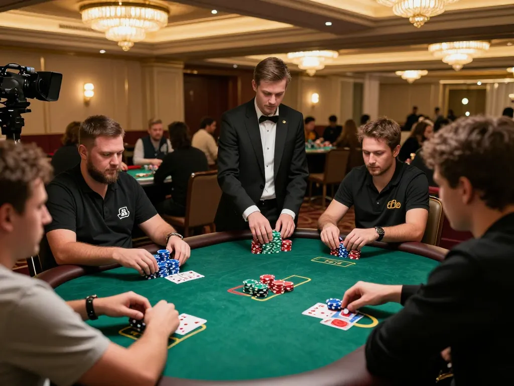 Players enjoying a strategic poker game at Oxbet's luxurious casino, showcasing vibrant chips and a focusing dealer.