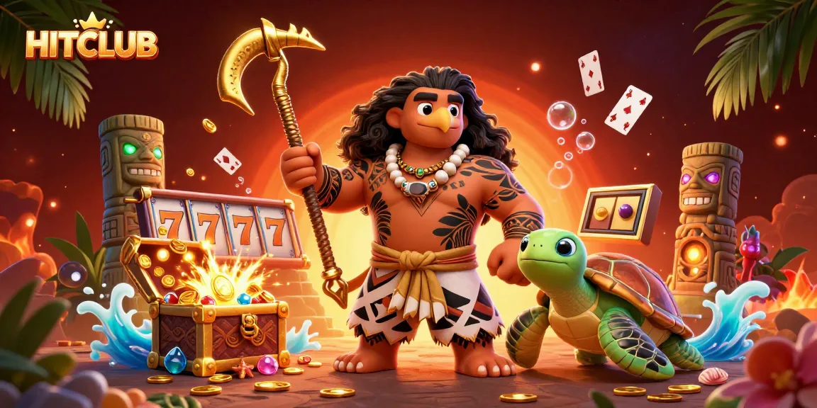 Experience HITCLUB's vibrant gaming action with a demigod and treasures in a thrilling casino scene.