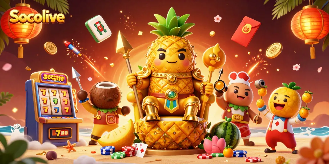 Socolive offers an exciting 3D casino scene featuring a golden pineapple king, vibrant slot games, and festive decorations.