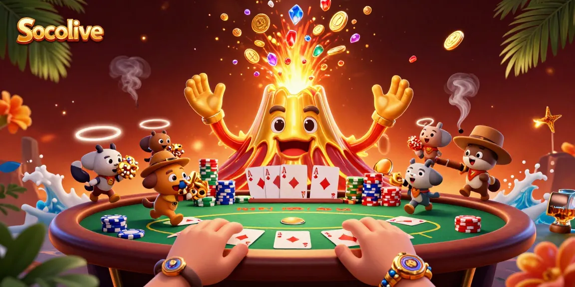 Socolive brings excitement to players with a vivid scene of treasures erupting from a volcano and chips flying around a dynamic poker table.