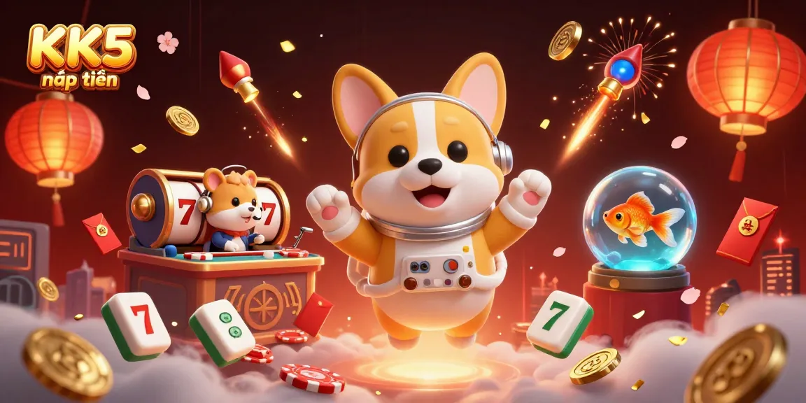 Experience KK5 nạp tiền with a vibrant 3D scene showcasing a cartoon astronaut corgi in a cosmic casino.