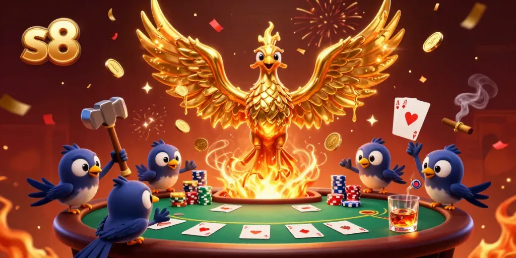 Experience the thrill of s8 casino games with a molten phoenix illustration bursting with vibrant poker elements.