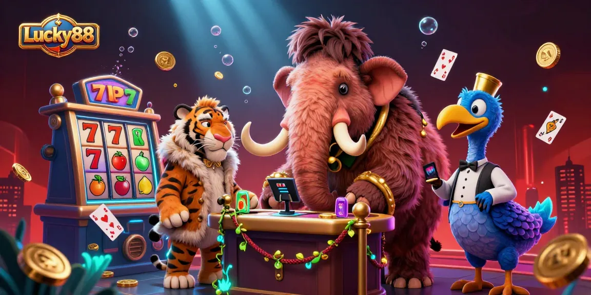 Experience exciting wild antics at Lucky88 casino with bouncer mammoth and VIP characters.
