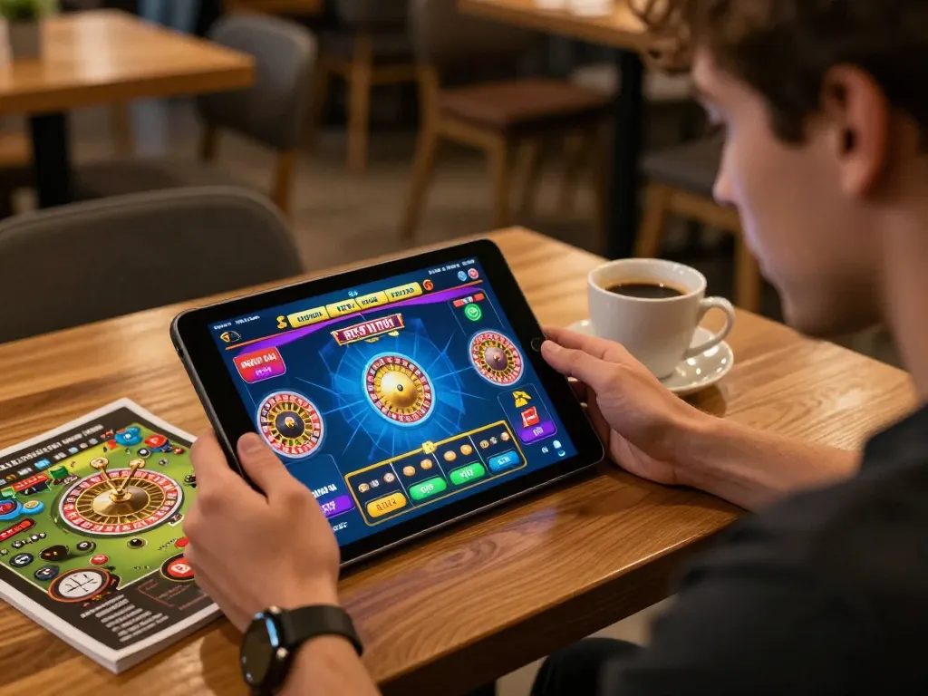 Engaged user at https://rr99aa.com/ playing roulette online with tablet in cozy café setting.
