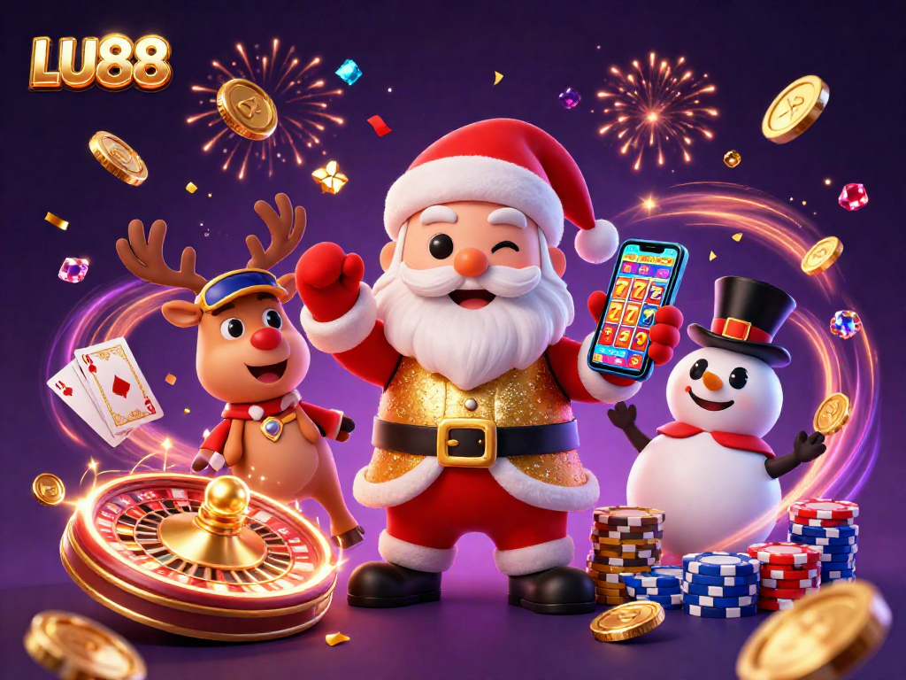 Play slots at LU88 with Santa and friends in a lively casino scene full of excitement