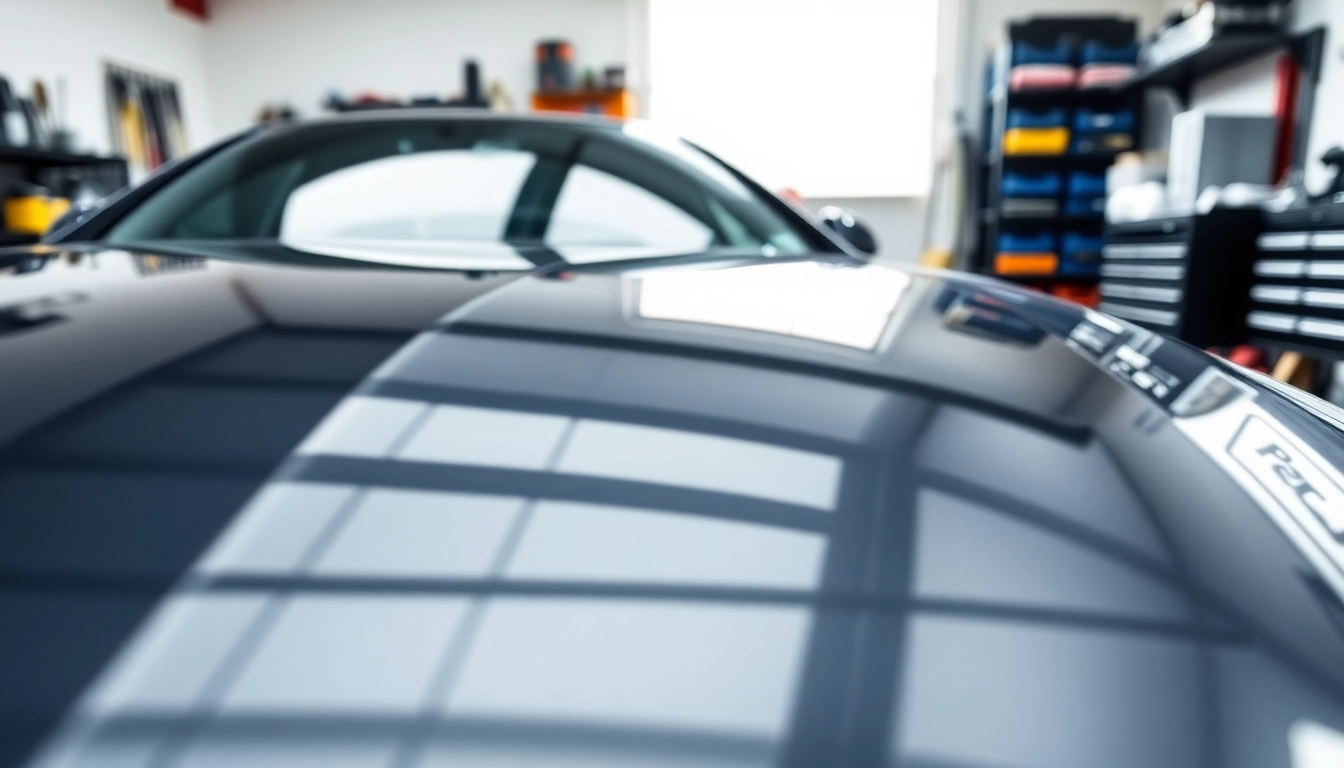 Apply paint protection film near me for a glossy, shielded car finish in a well-lit garage.