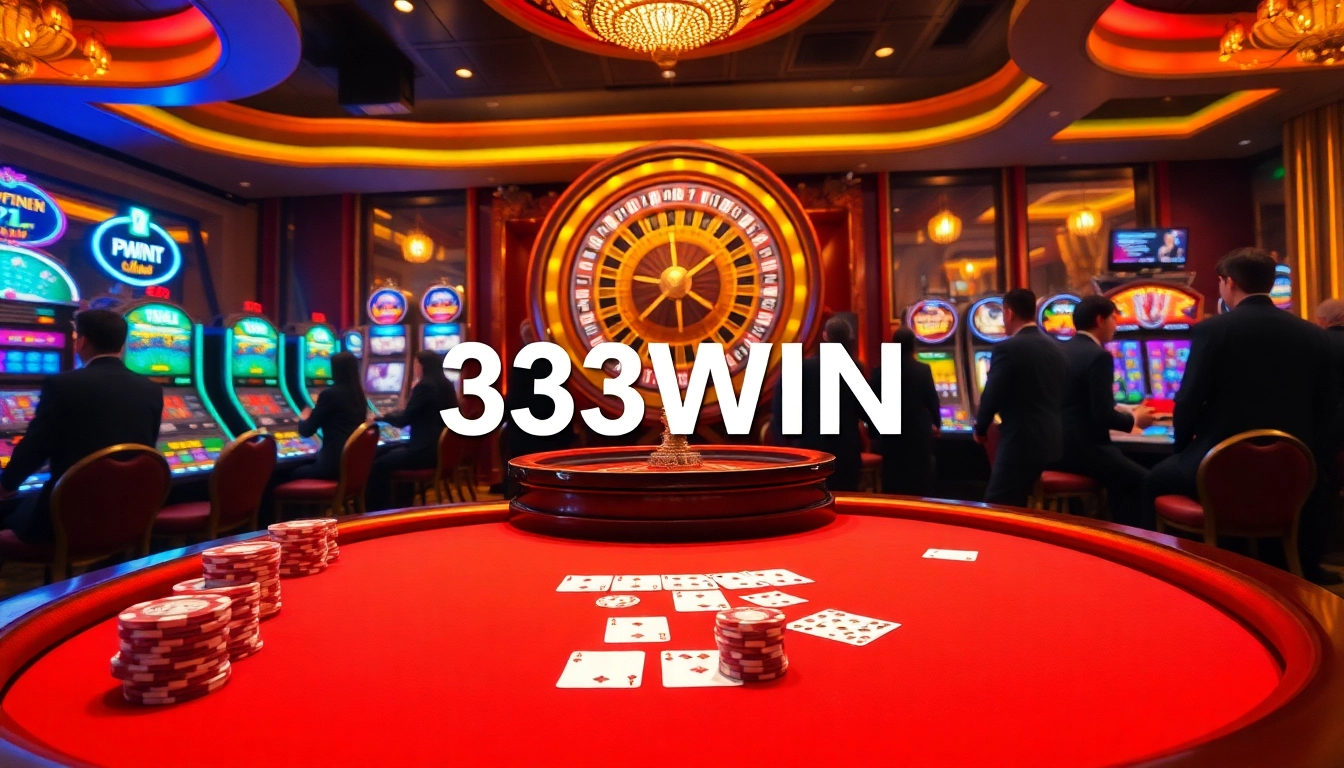 33WIN casino scene showcasing a luxury poker table with chips and cards, highlighting the excitement of gambling.