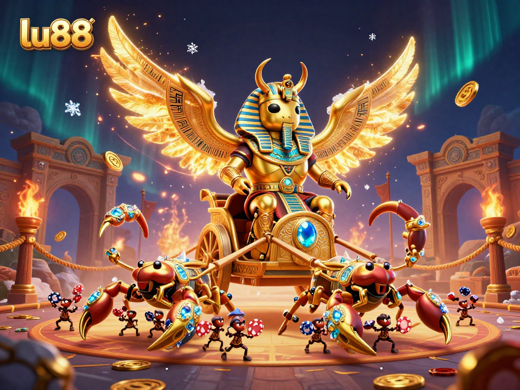 Experience thrilling gameplay with lu88’s golden scarab beetle and poker chips in a vibrant casino scene.