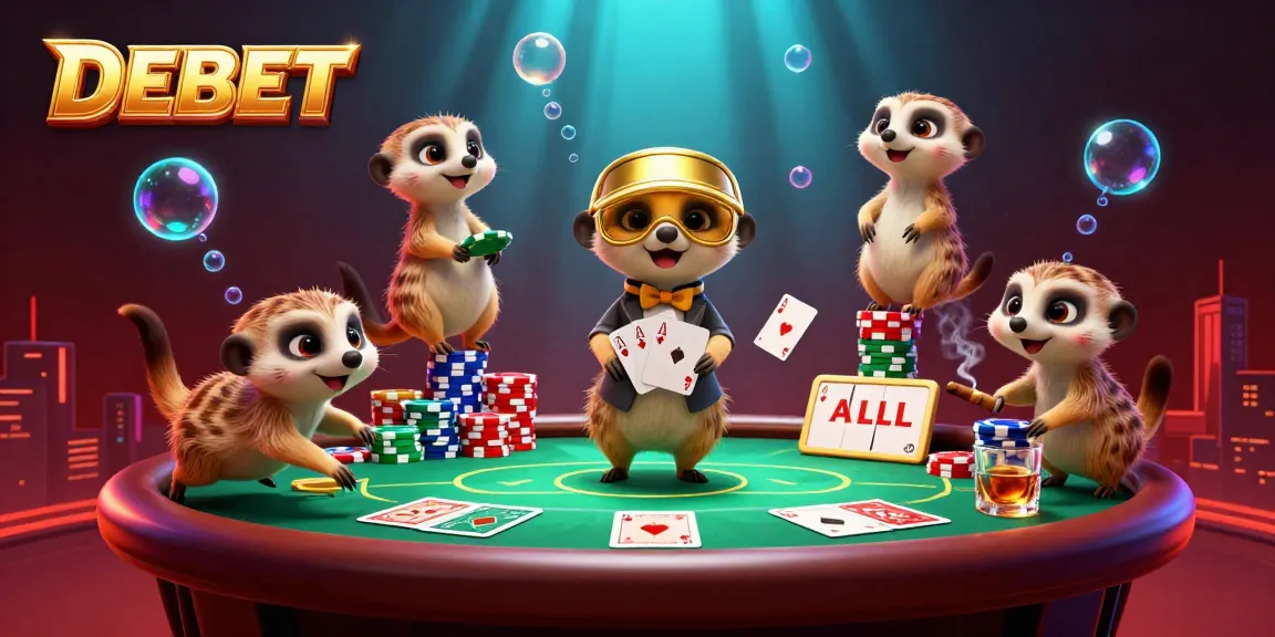 Engaging meerkats operating a DEBET casino, showcasing poker dynamics and colorful chips in a vibrant illustration.