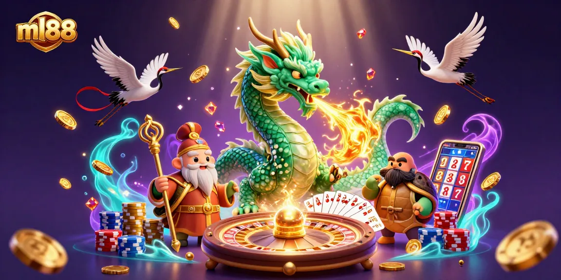 Play exciting games on ml88 with vibrant visuals, including dragons, lucky cranes, and casino elements.