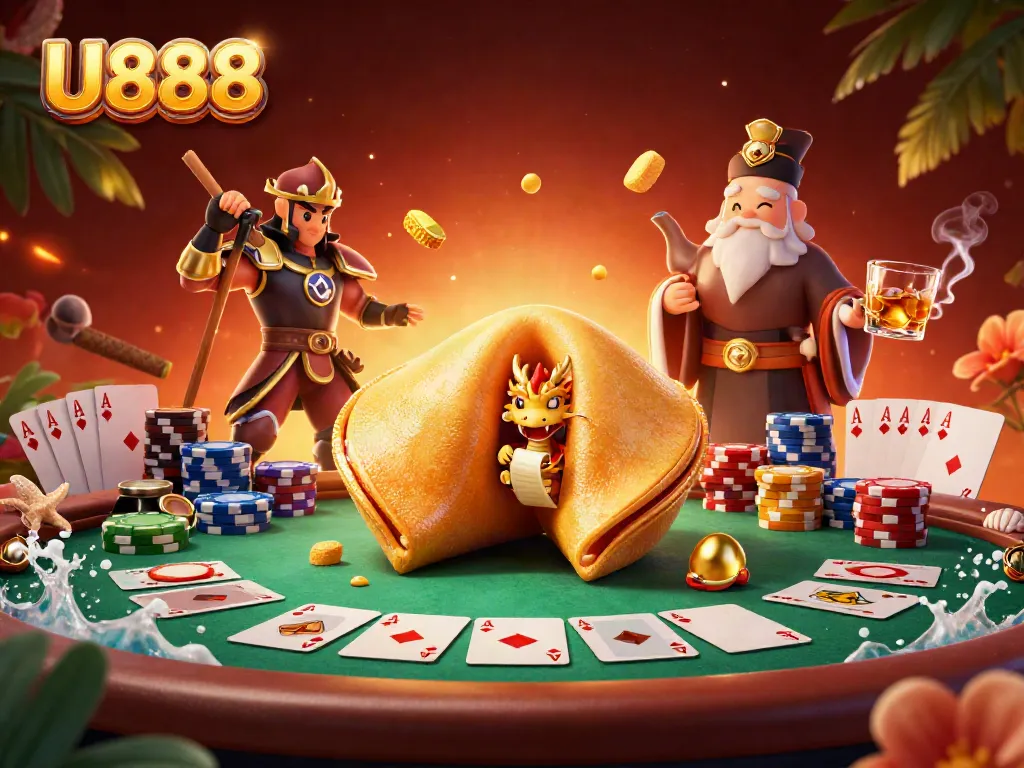 Engage with U888's dynamic casino scene featuring a golden fortune cookie and poker elements.