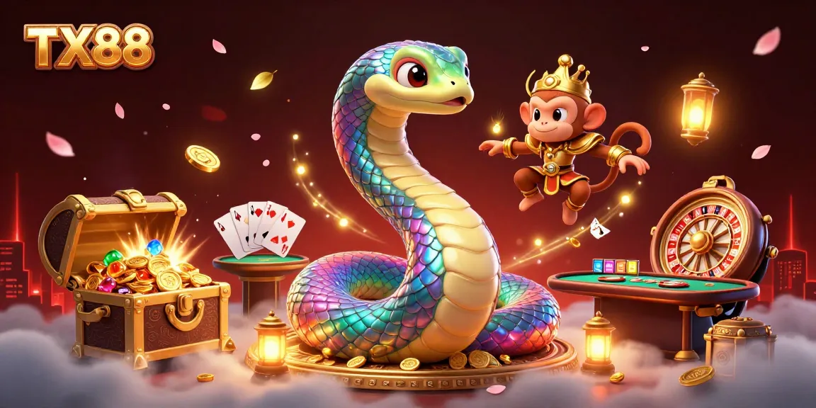 Experience the thrill of TX88 Casino with dynamic gaming elements in a vibrant 3D illustration.