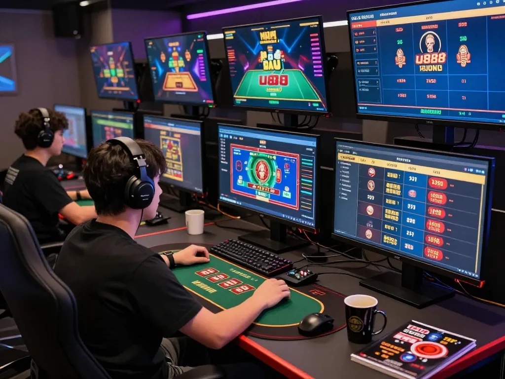 Engage in thrilling u888 casino gameplay in a modern online gaming setup with multiple screens