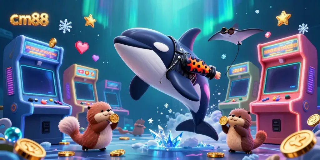 Experience thrilling gameplay with cm88 as an orca whale in a biker jacket jumps into action amidst glowing arcade machines.