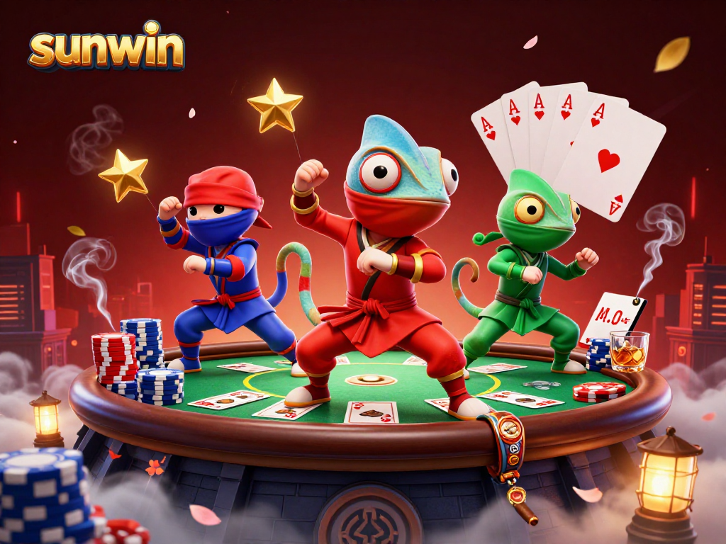 Sunwin showcases a dynamic scene with chameleon ninjas in martial arts poses, surrounded by poker elements.