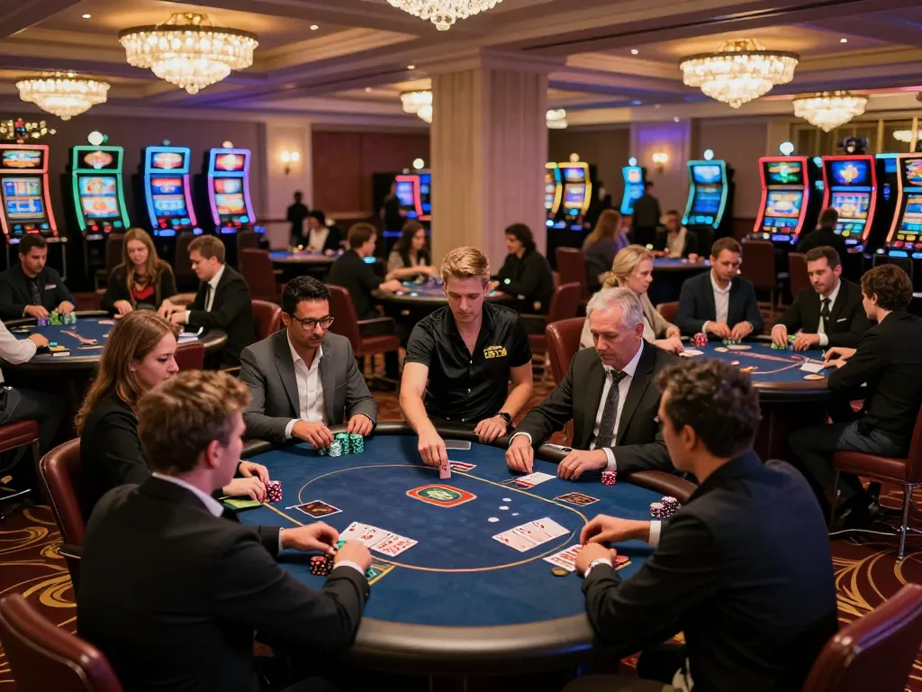 NHÀ CÁI VIN88 players enjoying an upscale poker game at a luxurious casino floor.