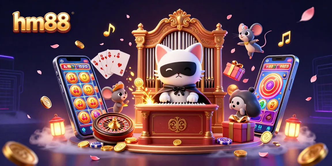 Experience thrilling games at hm88 with a lively 3D casino scene showcasing colorful slots and engaging characters.