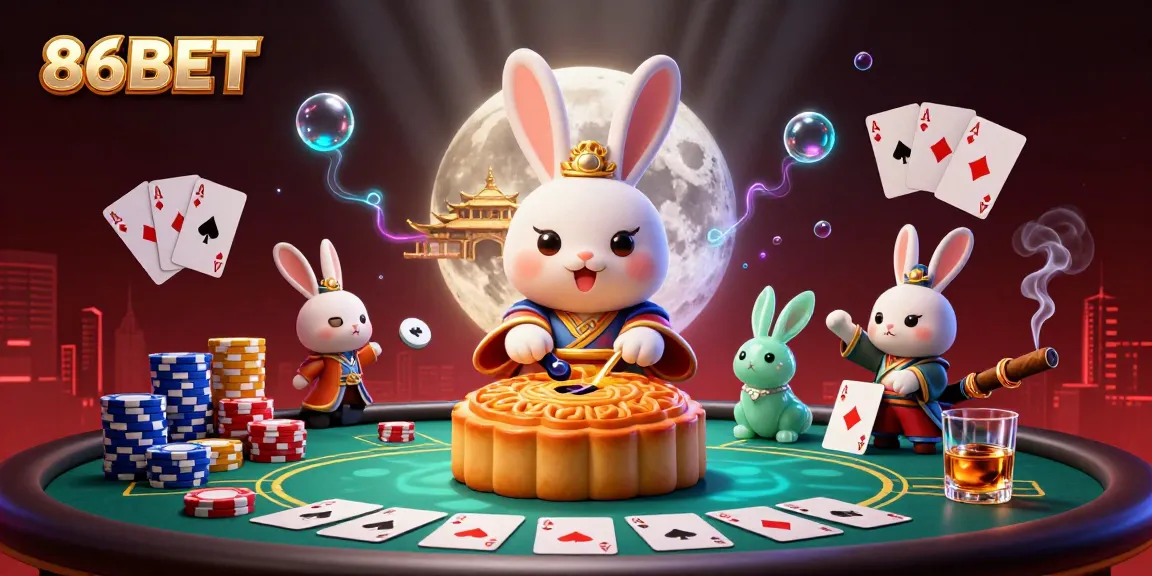 Join the excitement at 86BET as the moon rabbit delivers poker chips from golden mooncakes on the lunar landscape.