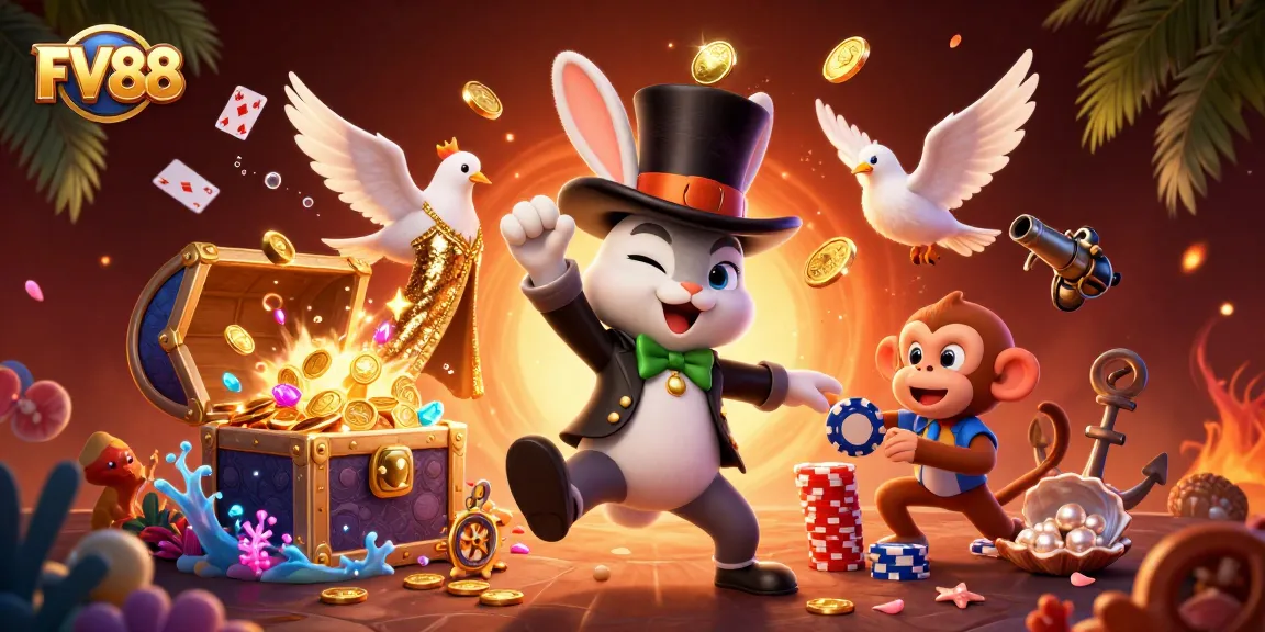 Ensure your FV88 experience shines as the magician reveals golden coins amidst dynamic casino fun.