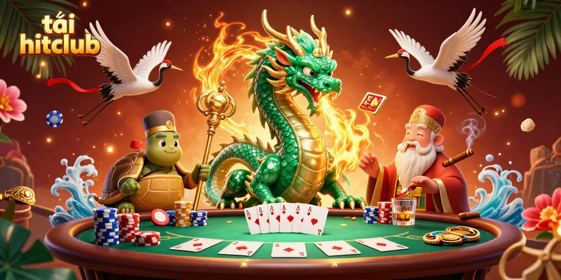 Engage with a vibrant scene of tải hitclub featuring a dragon, turtle sage, and lucky cranes around a poker table.