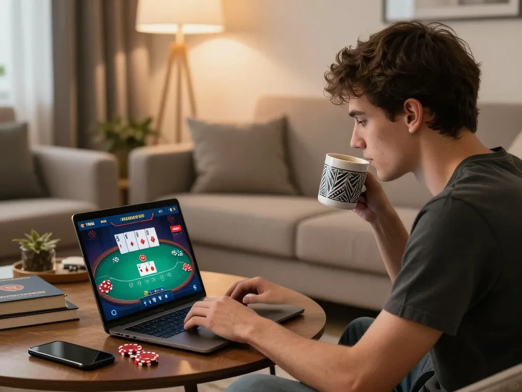 Player enjoying online poker at home with TG 88 gaming app on laptop, cozy atmosphere.