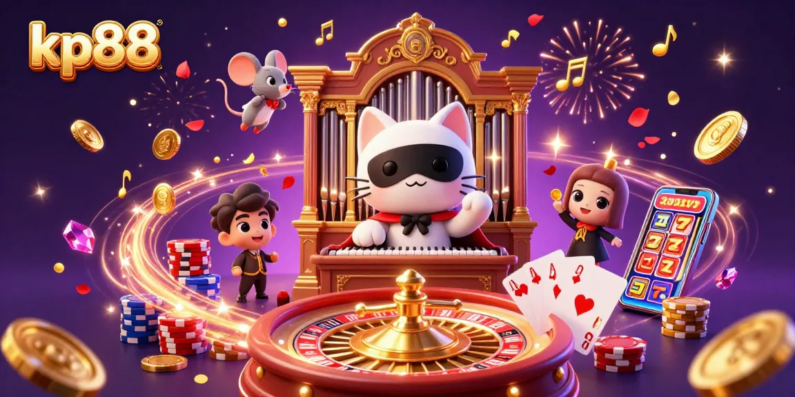 kp88 offers thrilling experiences in a vibrant casino scene with dynamic characters and sparkling elements.